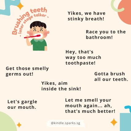 Language learning opportunities are everywhere! Our lives are busy, but we don't need to wait till playtime to "teach" language. Here are some ideas of language that can be modelled when brushing our teeth.
