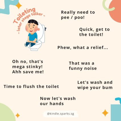 Language learning opportunities are everywhere! Our lives are busy, but we don't need to wait till playtime to "teach" language. Here are some ideas of language that can be modelled when children are using the toilet.