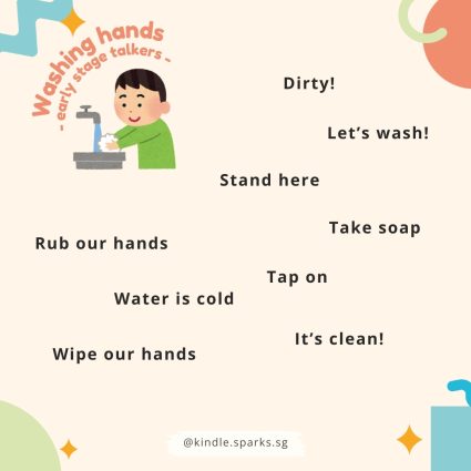 Language learning opportunities are everywhere! Our lives are busy, but we don't need to wait till playtime to "teach" language. Here are some ideas of language that can be modelled when washing hands.
