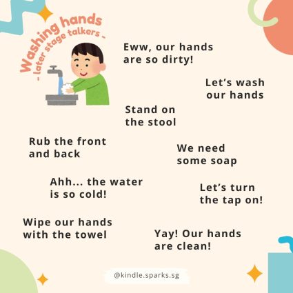 Language learning opportunities are everywhere! Our lives are busy, but we don't need to wait till playtime to "teach" language. Here are some ideas of language that can be modelled when washing hands.