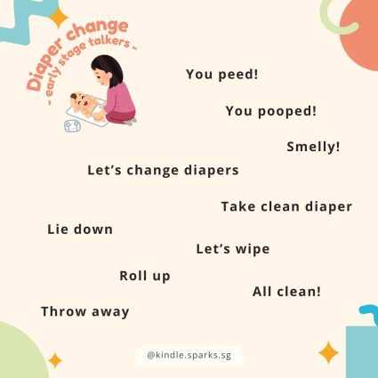 Language learning opportunities are everywhere! Our lives are busy, but we don't need to wait till playtime to "teach" language. Here are some ideas of language that can be modelled when changing your child's diaper.