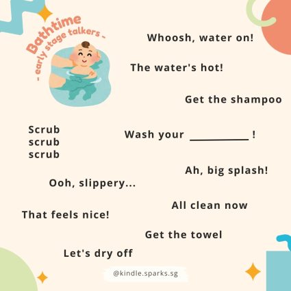 Language learning opportunities are everywhere! Our lives are busy, but we don't need to wait till playtime to "teach" language. Here are some ideas of language that can be modelled during bathtime.