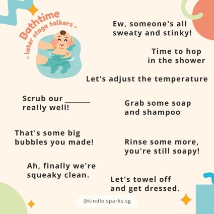 Language learning opportunities are everywhere! Our lives are busy, but we don't need to wait till playtime to "teach" language. Here are some ideas of language that can be modelled during bathtime.